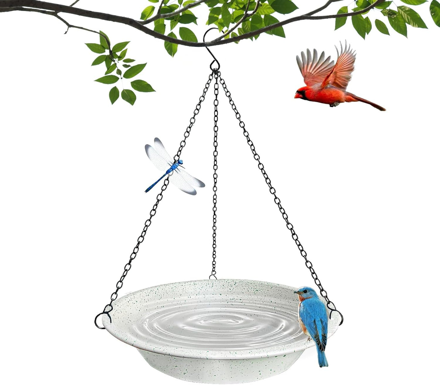 Metal Hanging Bird Bath for Outdoors,Gray Speckled Granite Look–Rust Proof Bird Water Bowl with Magnetic Dragonfly Decor,11.4 Inch Shallow Feeder Tray for Garden & Yard