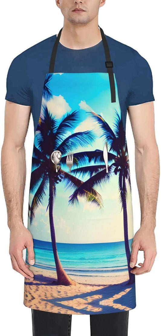 Beach Palm Trees 1 print Waterproof chef's apron with pocket apron for kitchen cooking baking barbecue and gardening