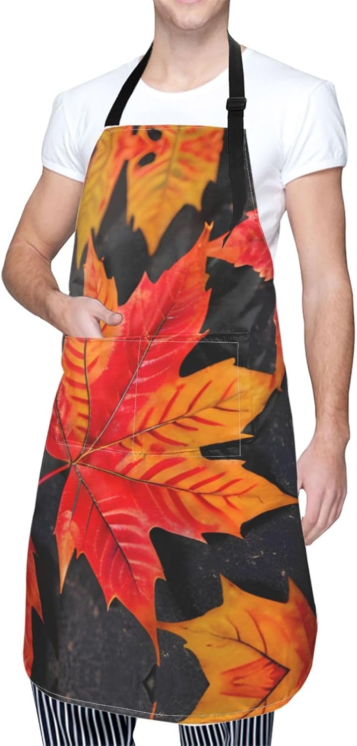 Fall Red Leaves Print Laundry apron 28x33 In Waterproof Kitchen Apron with Pockets for Cooking Baking