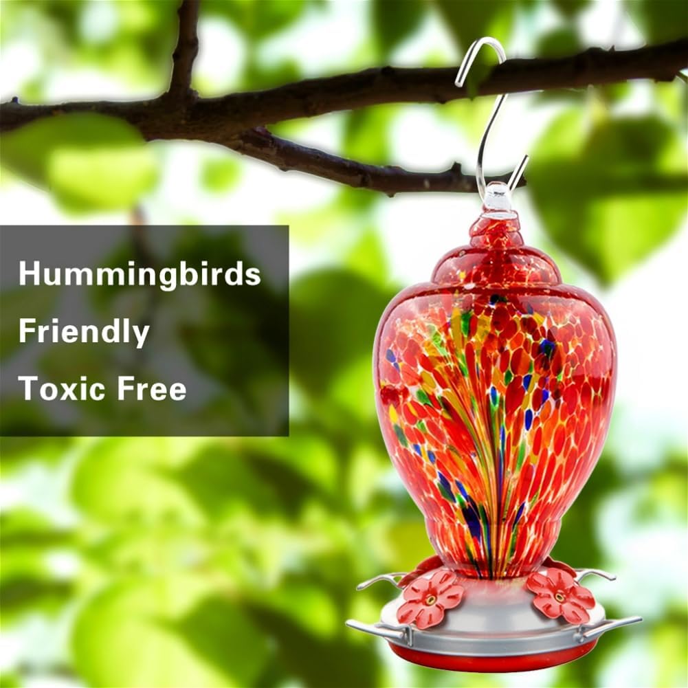 2 Pack Unique Hand Blown Glass Hummingbird Feeders for Outdoors Hanging Patio Garden Decorations Hummingbird Feeder with Ant Moat Hook Brush and Service Card (Blue and Fire)