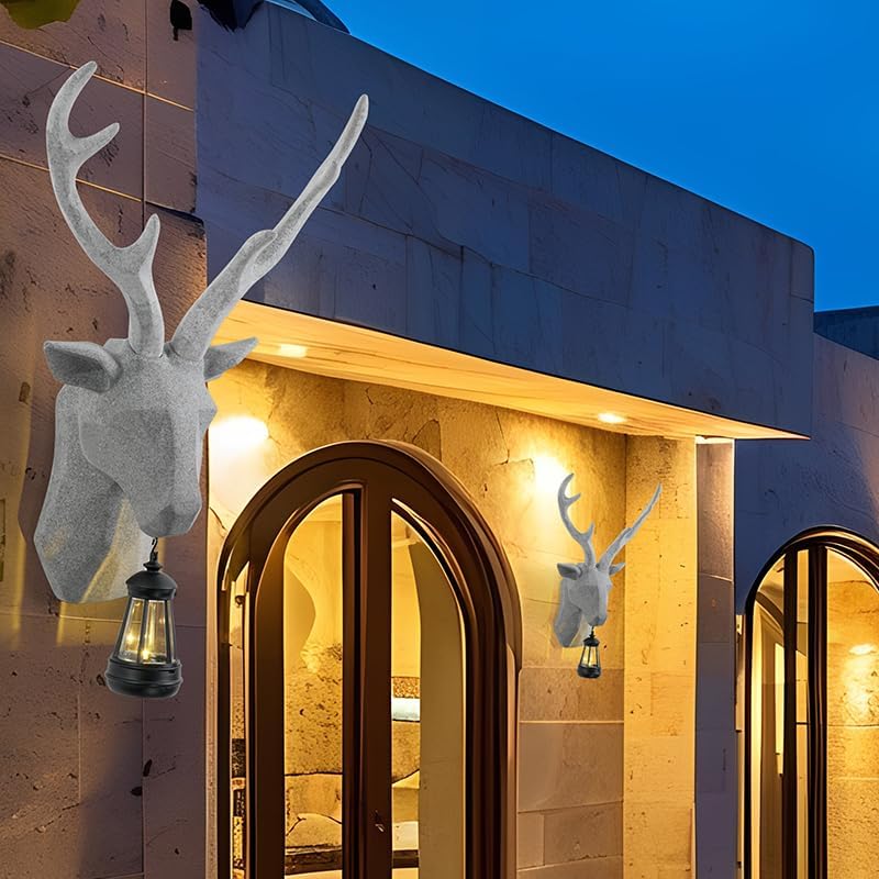 Deer Head Wall Mount with Solar Light, Waterproof Resin Material, Animal Head Wall Decor for Living Room Doorway Garden Gallery Studio Easy Assembly, Unique Gift Idea (Grey-1)