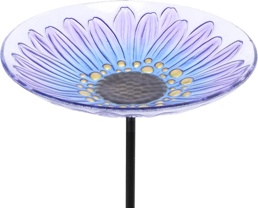 MUMTOP Bird Baths for Outdoors, Glass Bird Bath Stake, Purple Daisy Bi