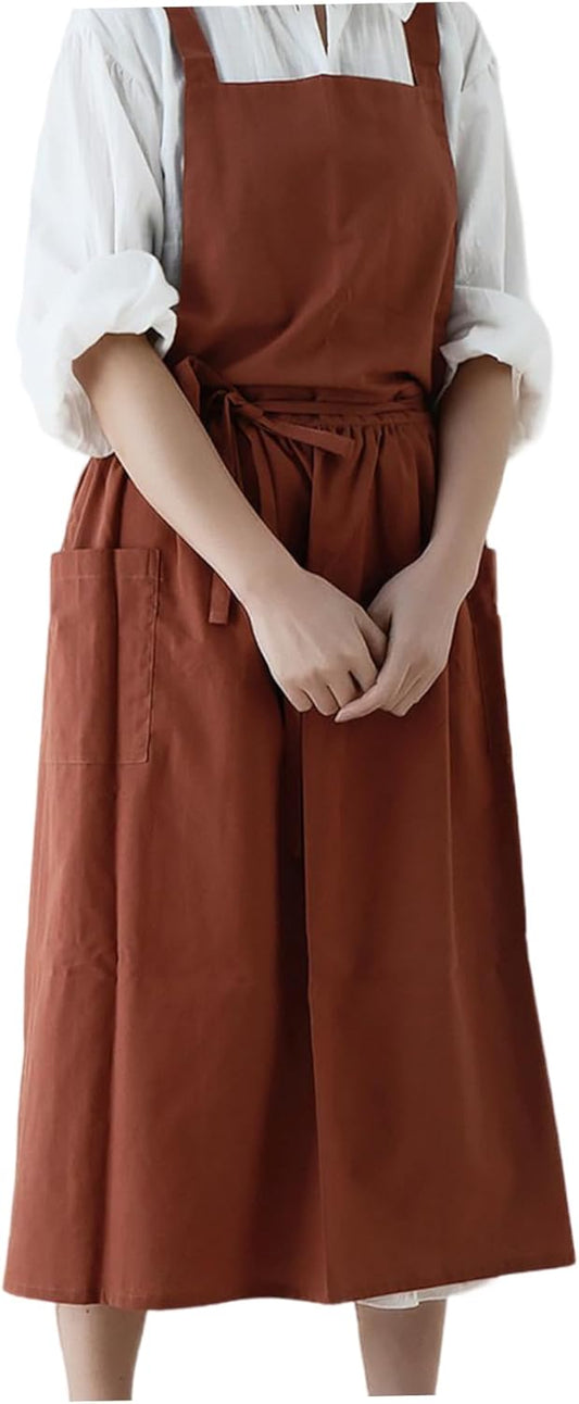 Aprons, Gardening Apron for Women Cross Back Aprons for Women Pinafore Apron Women Cotton Linen Cross Back Apron with Pockets for Gardening Works Pinafore Dress