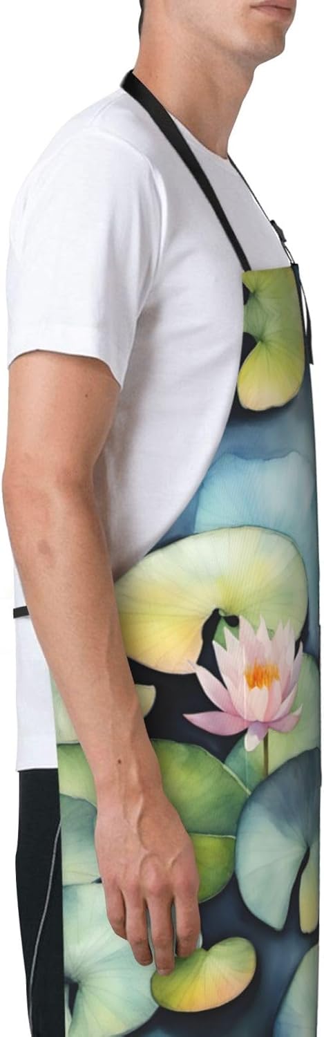 Black Lily Pads print Waterproof chef's apron with pocket apron for ki