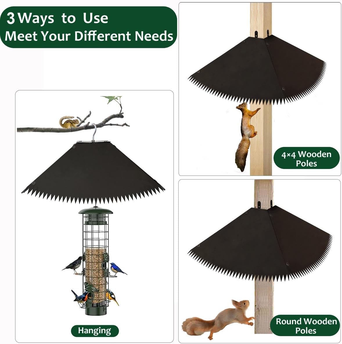 Metal Squirrel Baffle for 4×4 Posts or Hanging, Squirrel Proof Baffle with Spikes for Bird Feeder Poles, Waterproof, Rustproof, Preventing Squirrels and Raccoons from Bird Feeders (Black)