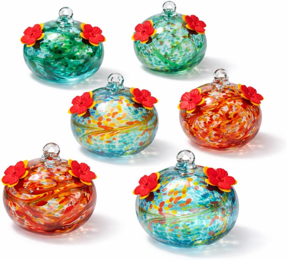 Adkoat® 6PCS Hand Blown Glass Hummingbird Feeders for Outdoors Hanging - Artistic Mini Nectar Feeder Set with Red Flower Ports - Colorful Garden Suncatcher Decor & Unique Gifts for Women Mom Grandma