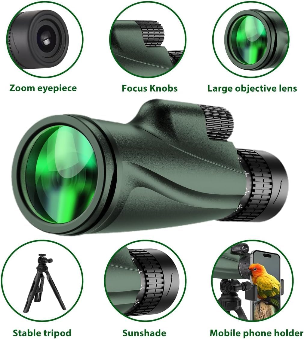 Monocular Telescope 80 x 100 High Powered Monoculars for Adults with Tripod, Monocular for Smartphone Suitable for Bird Watching Larger Vision Monoculars for Adults with BAK4 Prism & FMC Lens Green