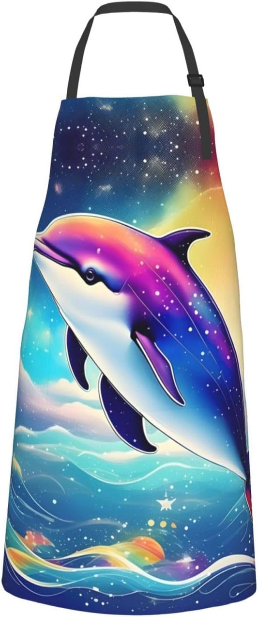 Colorful Starry Sky Ocean Dolphin print Waterproof chef's apron with pocket apron for kitchen cooking baking barbecue and gardening
