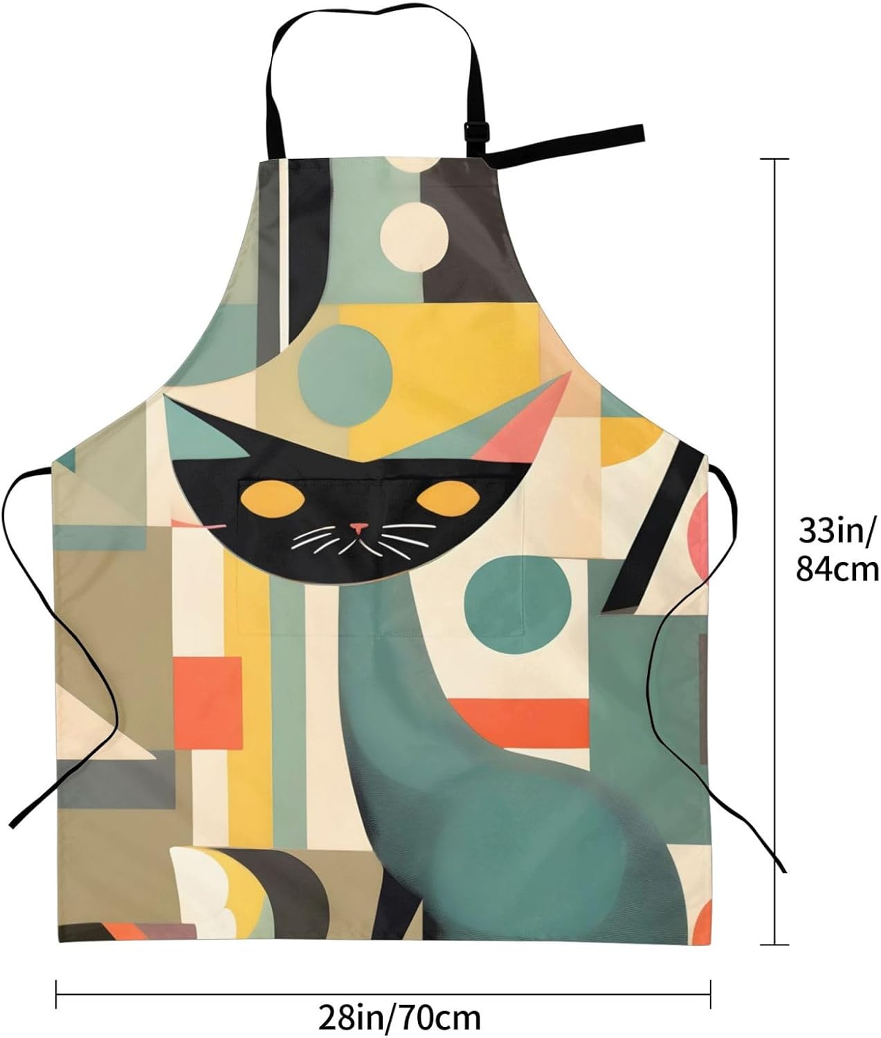Mid-Century Modern Art Cat print Waterproof apron with pocket adjustab