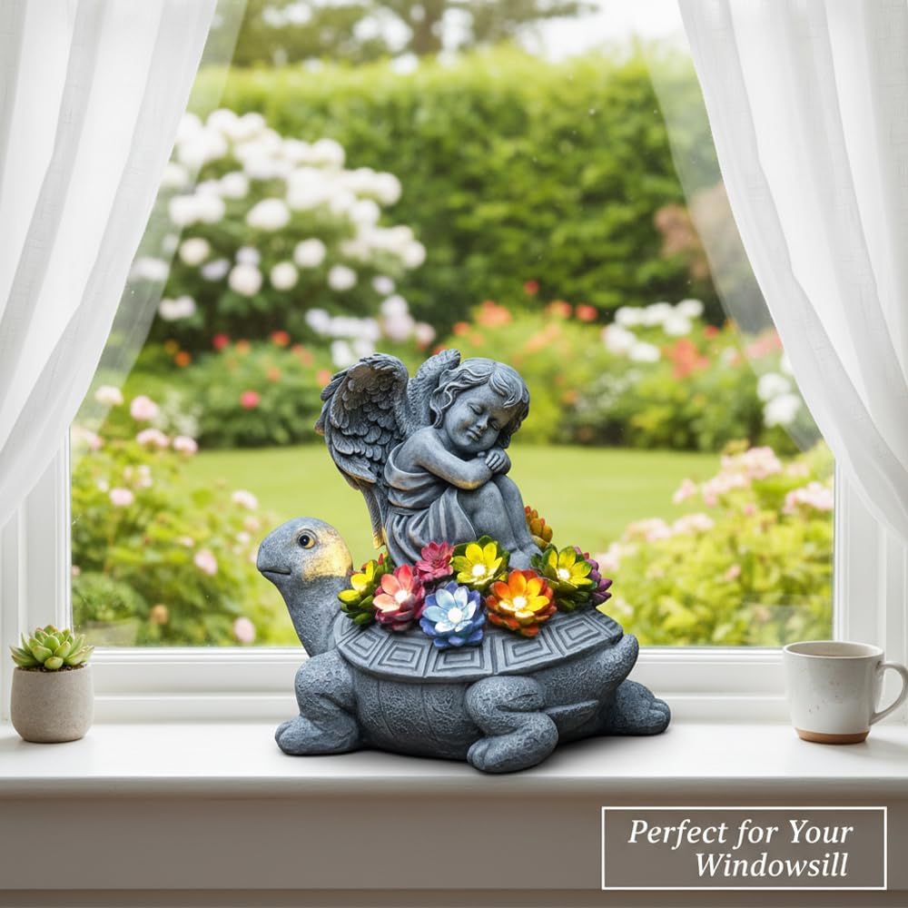 Solar Angel Turtle Garden Statue - IP65 Waterproof Outdoor Decor with 7 LED Lights - Heartwarming Memorial Gifts for Mom, Grandma - Resin Figurine for Patio & Yard
