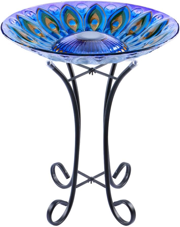 MUMTOP Outdoor Glass Birdbath Solar Birdbaths with Metal Stand for Lawn Yard Garden Peacock Decor,18” Dia 21.65 Height