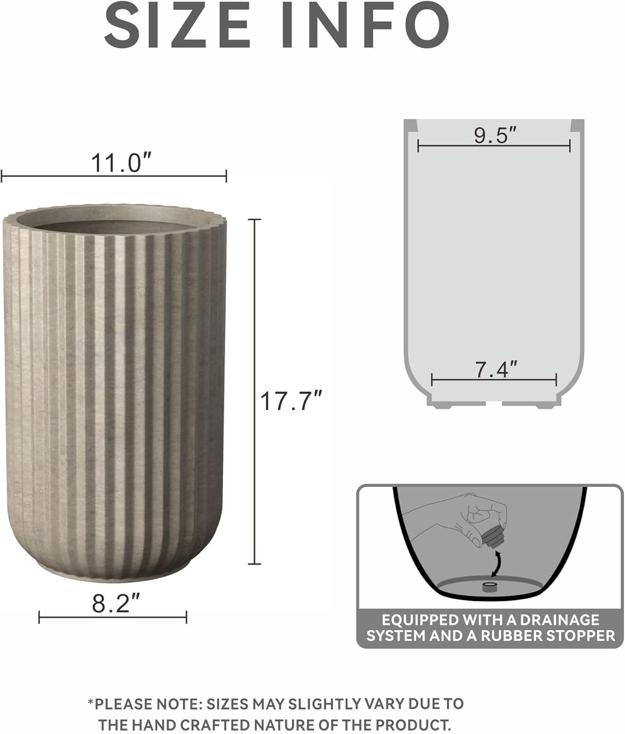 Kante Tall Fulted Planter, 17.7 Inch Tall Round Concrete Plant Pots wi