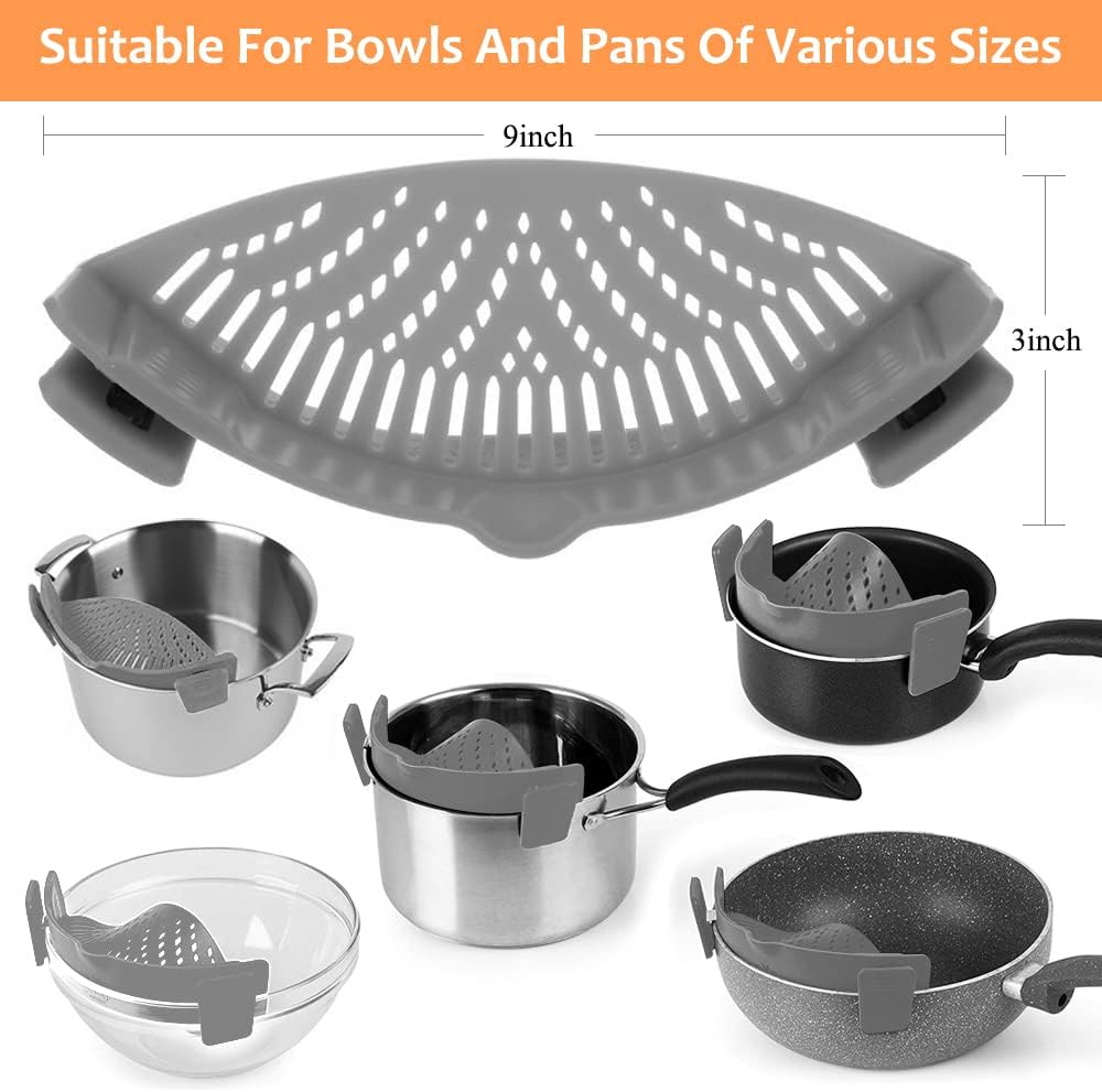 YEVIOR Clip on Strainer for All Pots Pan,Silicone Pasta Strainer Kitchen Gadgets,Collapsible Colander for Noodle,Vegetables,Fruit,Spaghetti (Grey)