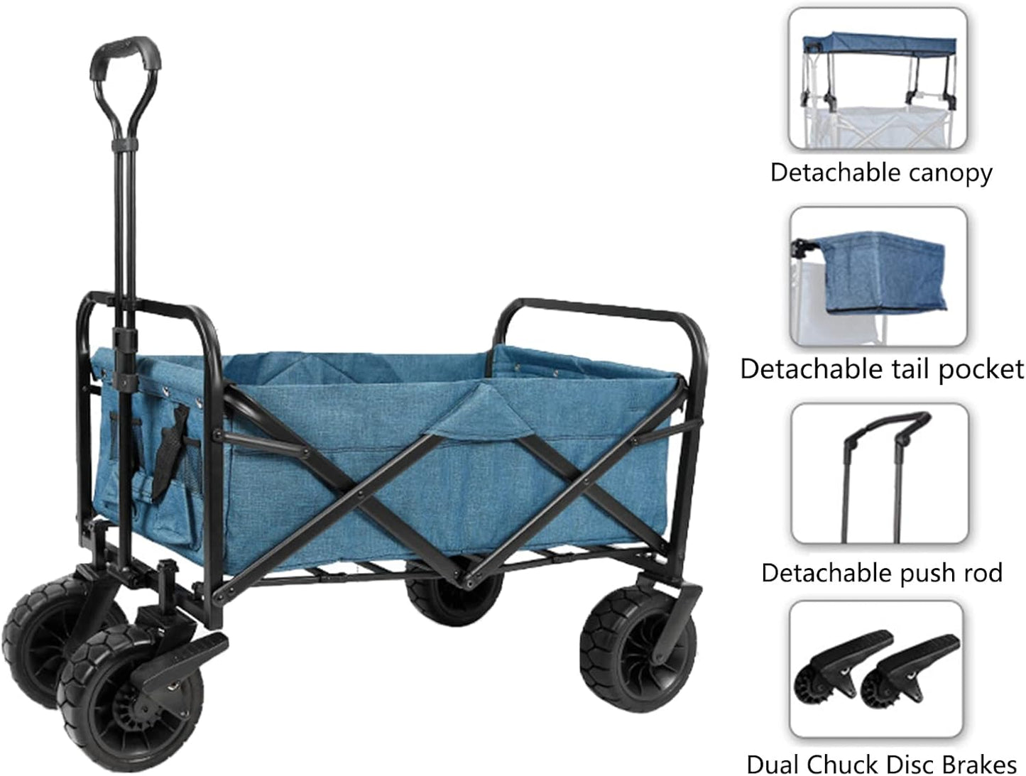 Collapsible Folding Wagon with Canopy - Portable Garden Cart for Beach, Camping & Sports - Off-Road Wheels, 220lbs Capacity, Lightweight & Durable, Blue