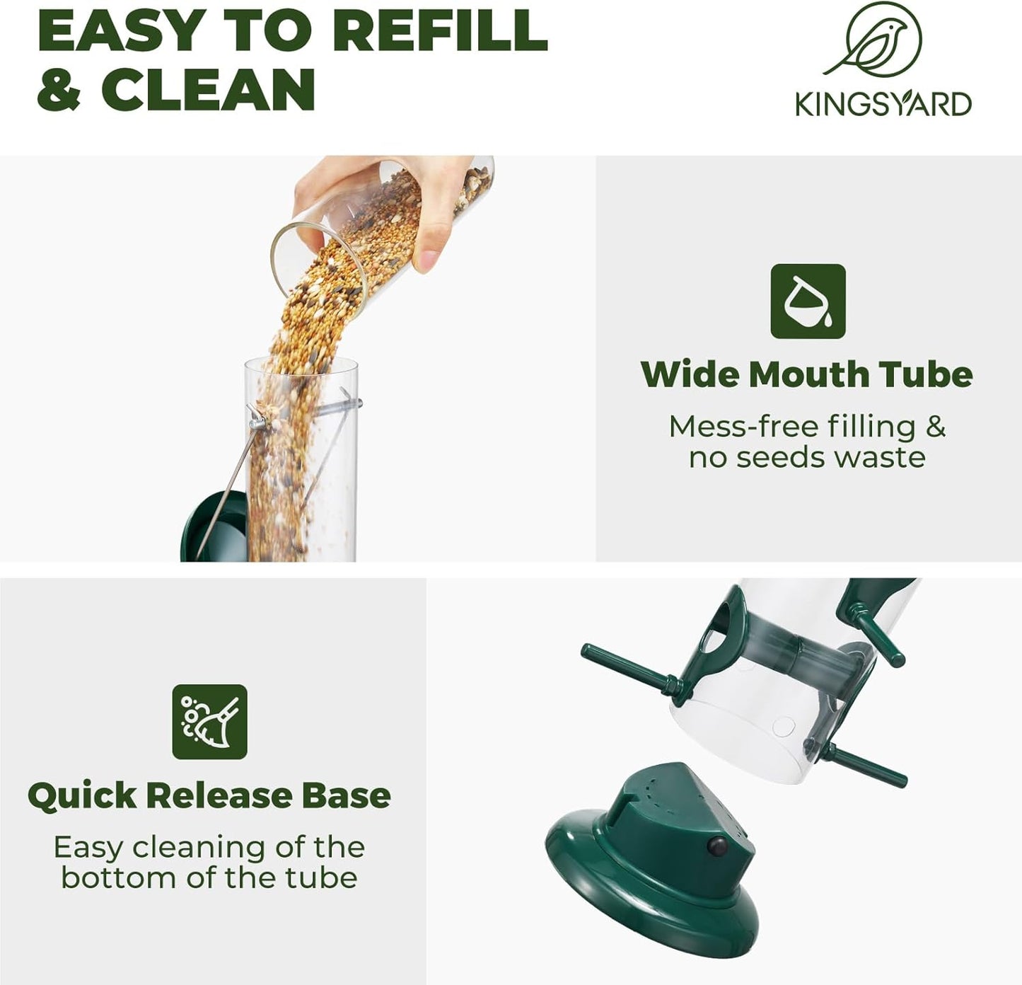 Kingsyard Metal Bird Feeders for Outdoors Hanging, Tube Bird Feeder with 6 Feeding Ports, 15 Inch, Chew-Proof & Weatherproof, Green