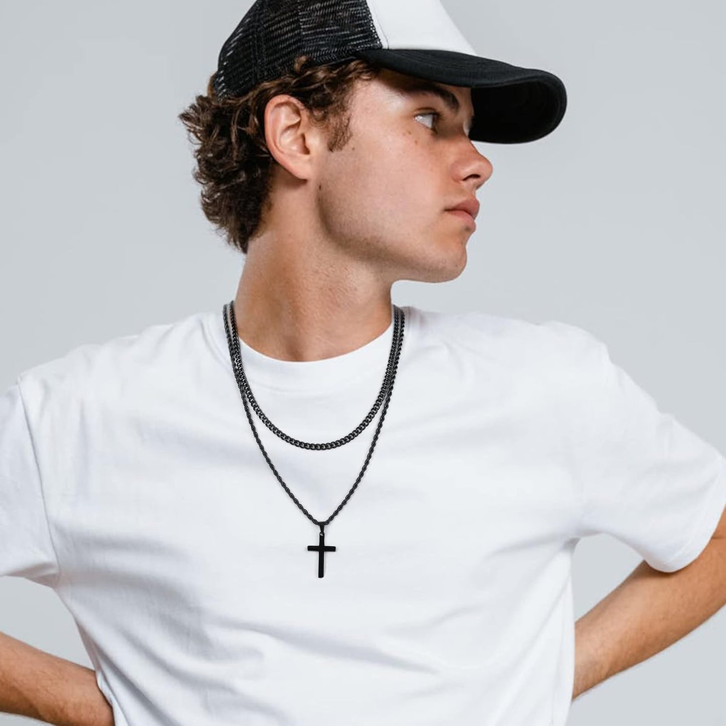 Yooblue Easter Basket Stuffers - Cross Necklace for Men, Gold Black Si