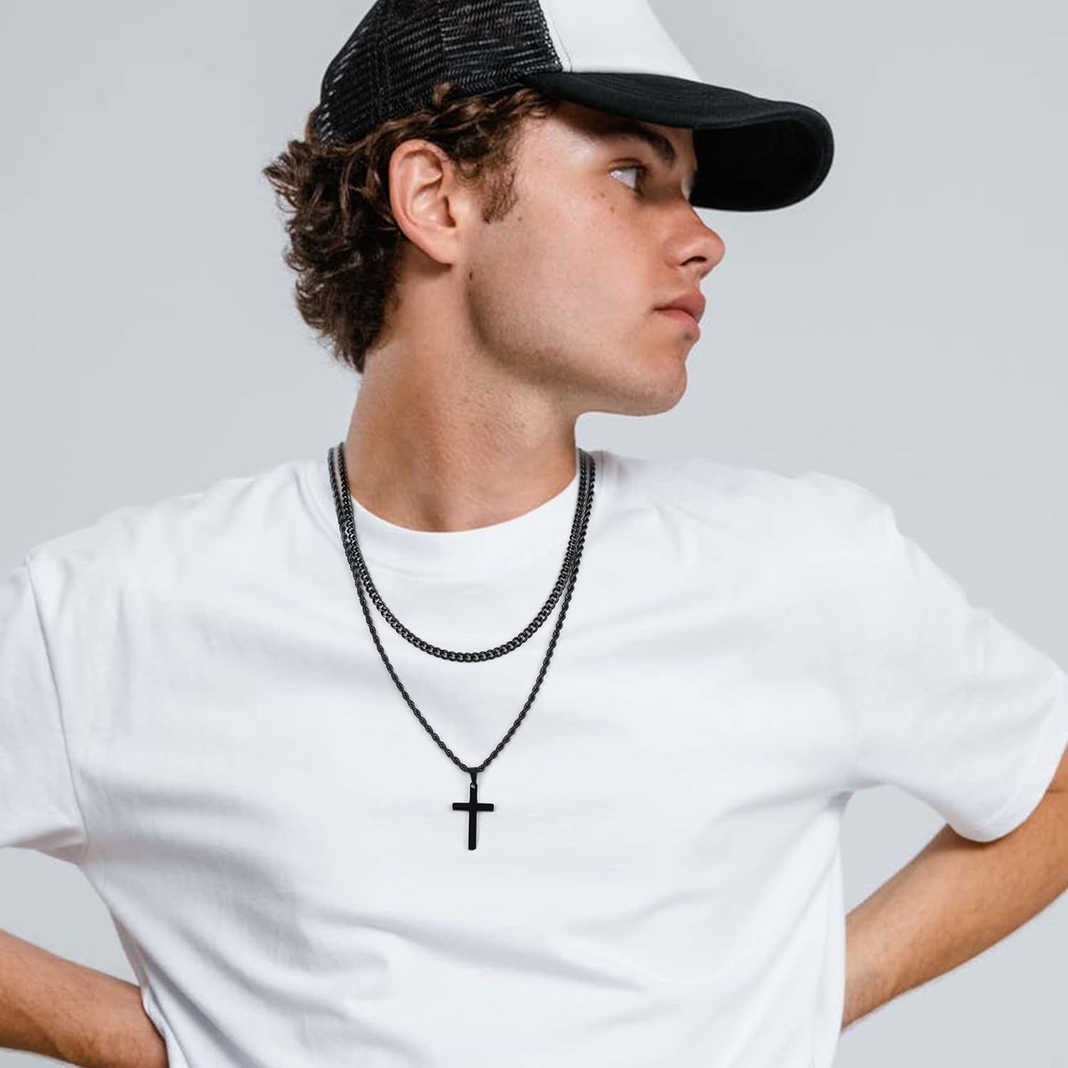 Yooblue Easter Basket Stuffers - Cross Necklace for Men, Gold Black Si