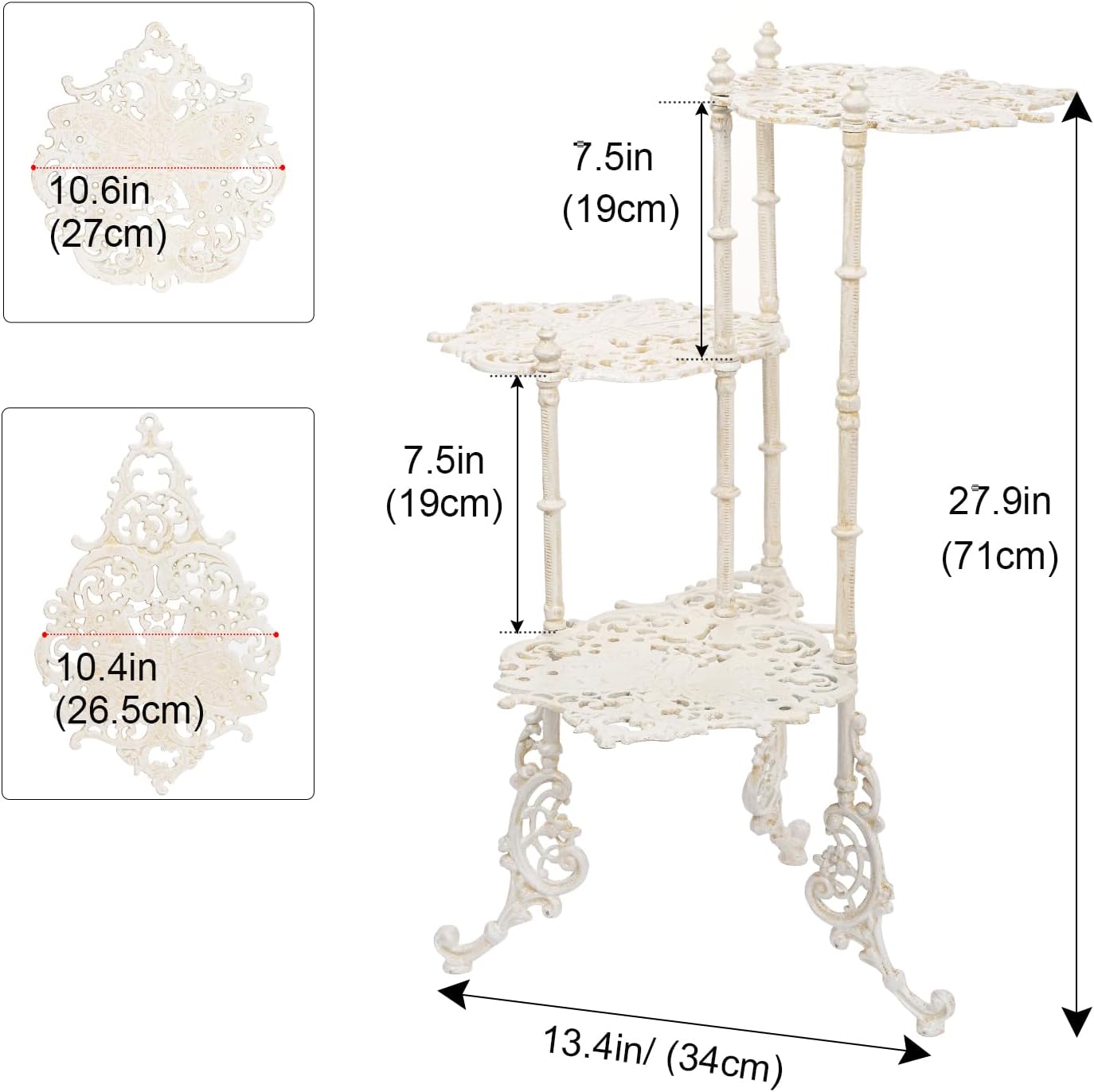 Sungmor Vintage Cast Iron 3-Tier Plant Stand, Elegant Butterfly & Floral Design with Antique White Finish, 28 Inch Tall Rustic Flower Pot Holder, Heavy Duty Metal Display Shelf for Indoor and Outdoor