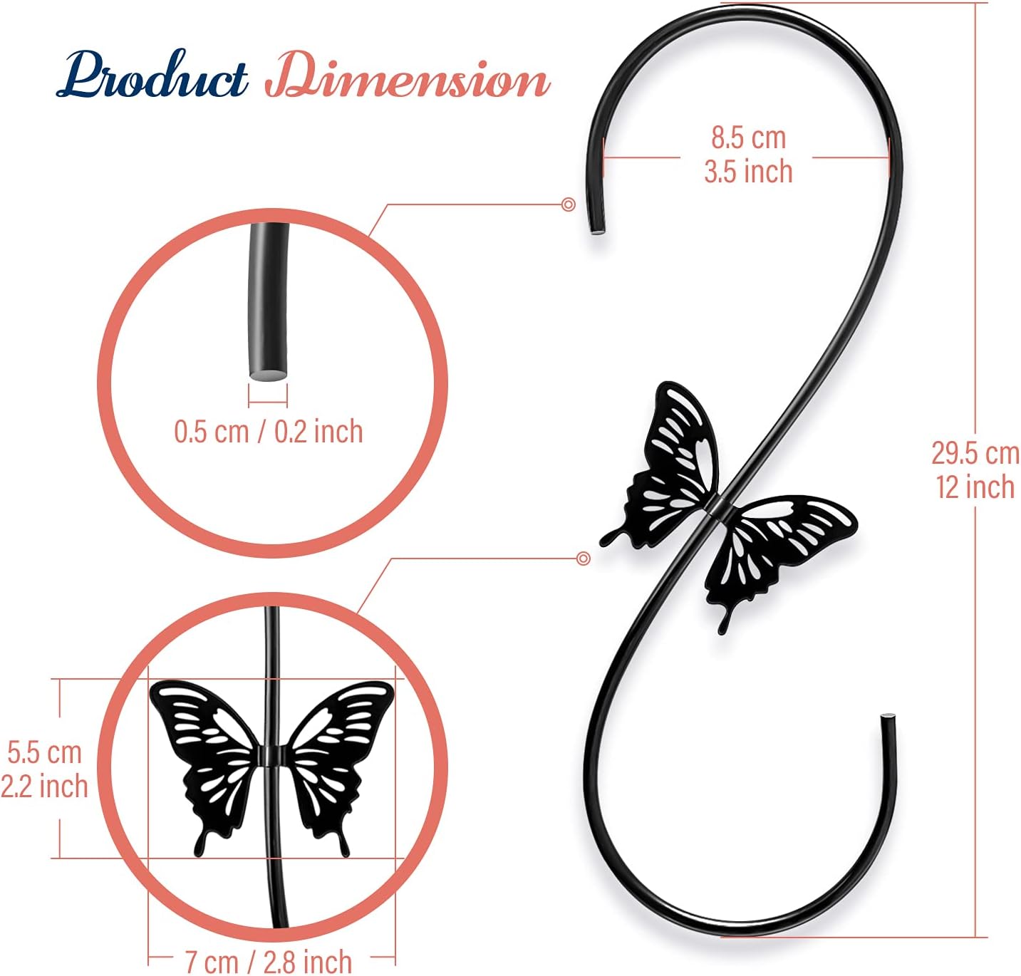Attractive Bird Feeders Hanger 12-Inch, 2PCS Metal Hummingbird Feeder Hook, Extension Hook with Butterfly Design, to Hang Bird Feeder, Wind Chimes, Lanterns (Black)
