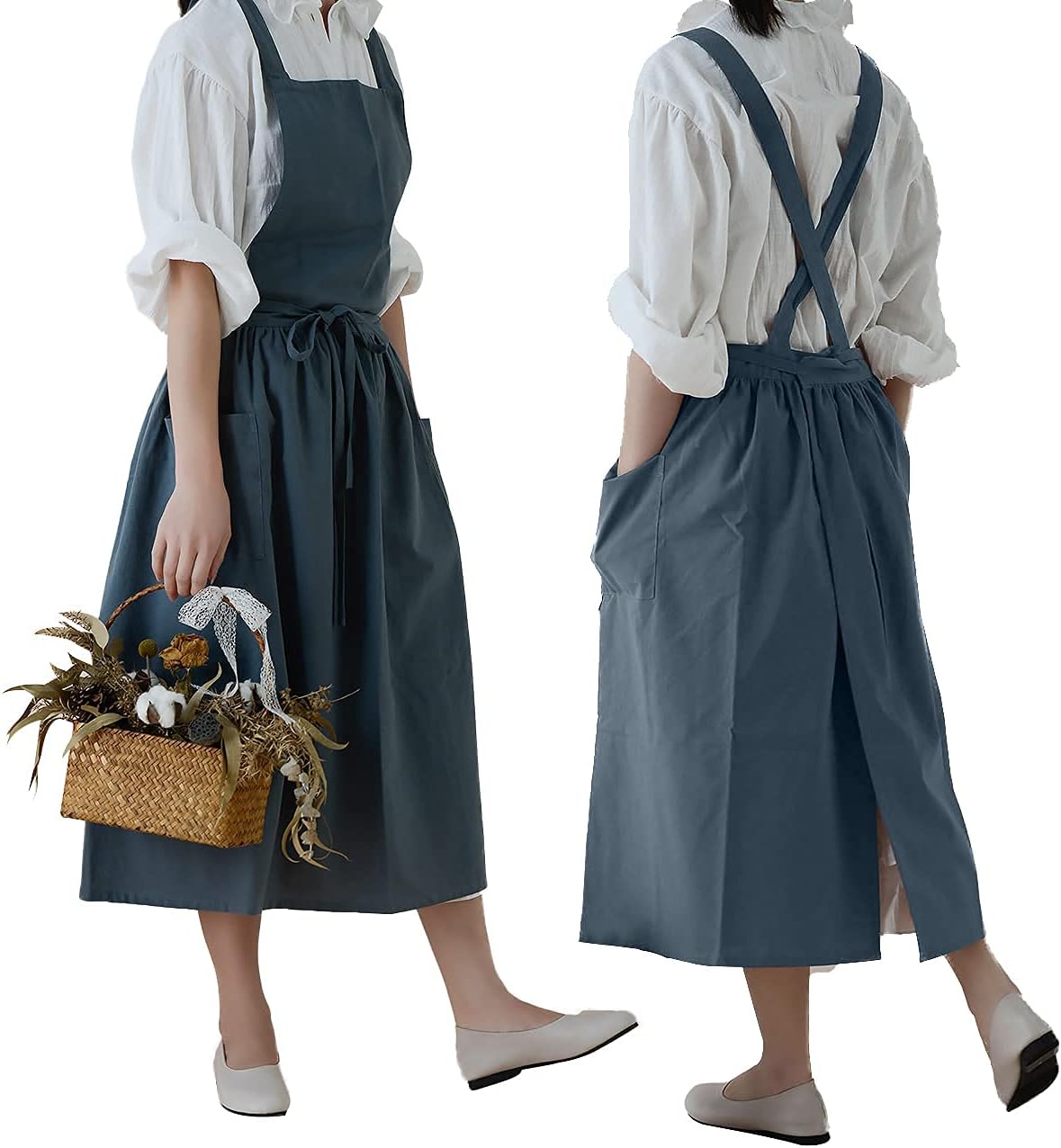 Cotton Pleated Apron Retro Waterdrop Proof Garden Cleaning Pinafore Dr