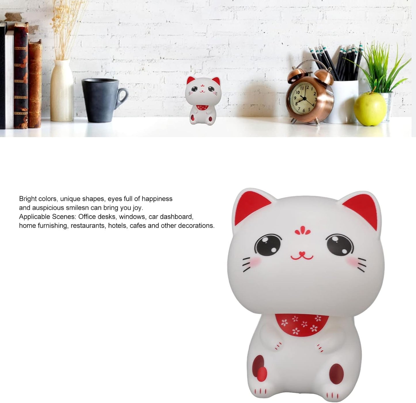 Cat Sculpture, Solar Light Induction Lucky Cat Statue Plastic Nodding Cute Ornament Decoration for Restaurants Car Dashboard (with Large Eyes)