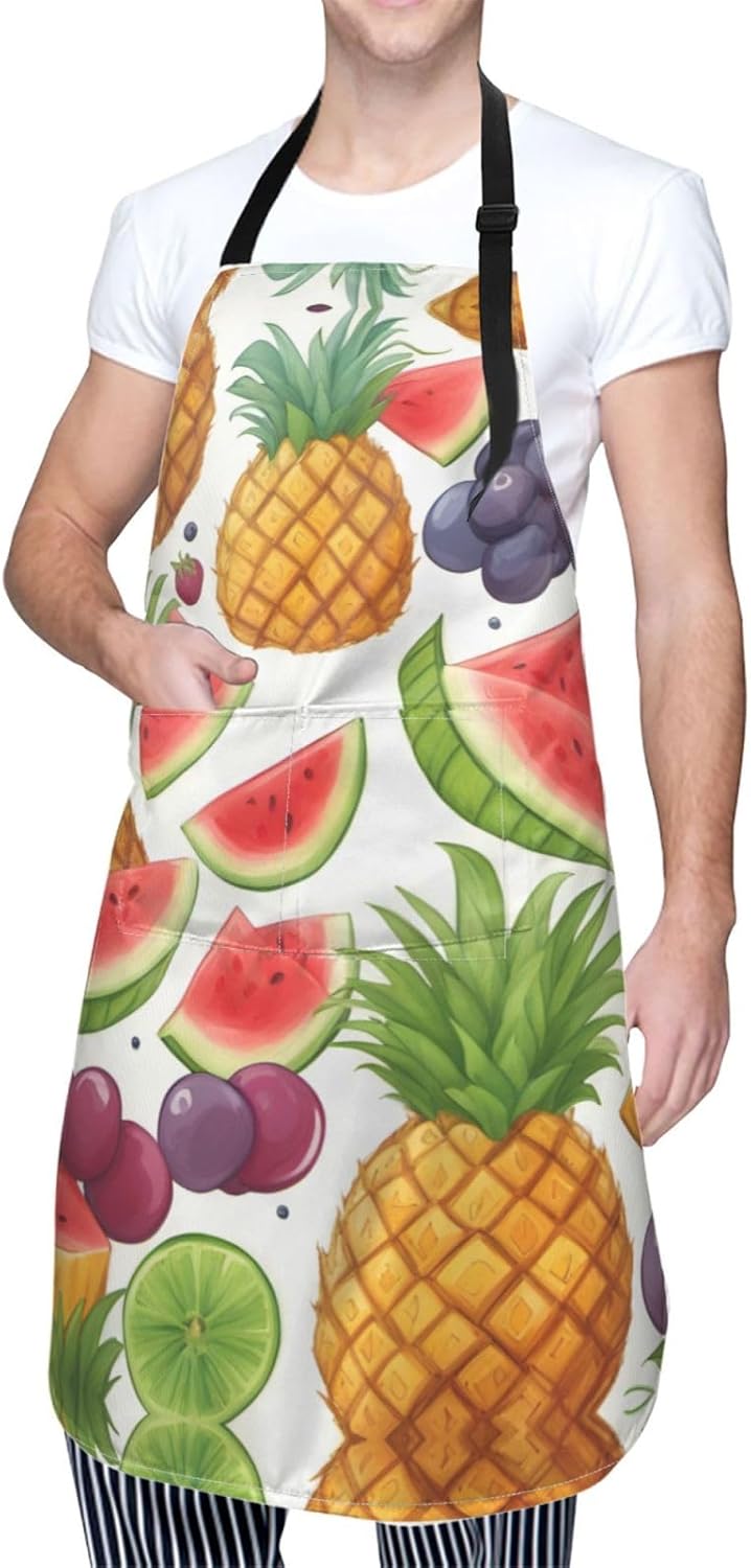 Fresh Juicy Fruits Pineapple Berries Grape Orange print Waterproof chef's apron with pocket apron for kitchen cooking baking barbecue and gardening