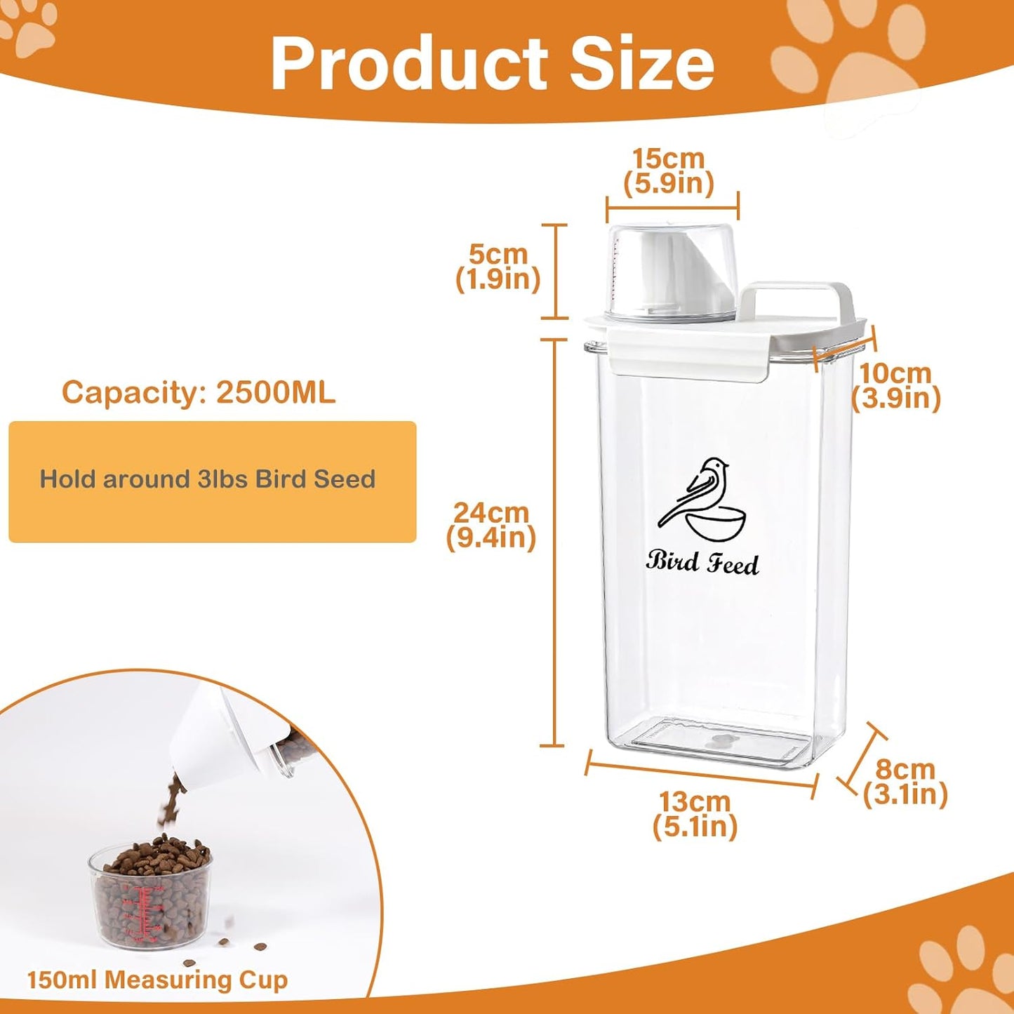 Bird Seed Storage Container Airtight | 3 Qt/2.5 L Clear Plastic Bird Food Container Portable-with Measuring Cup/Lid|Pet Food Storage Container |Wild Bird Seed Dispenser|BPA Free