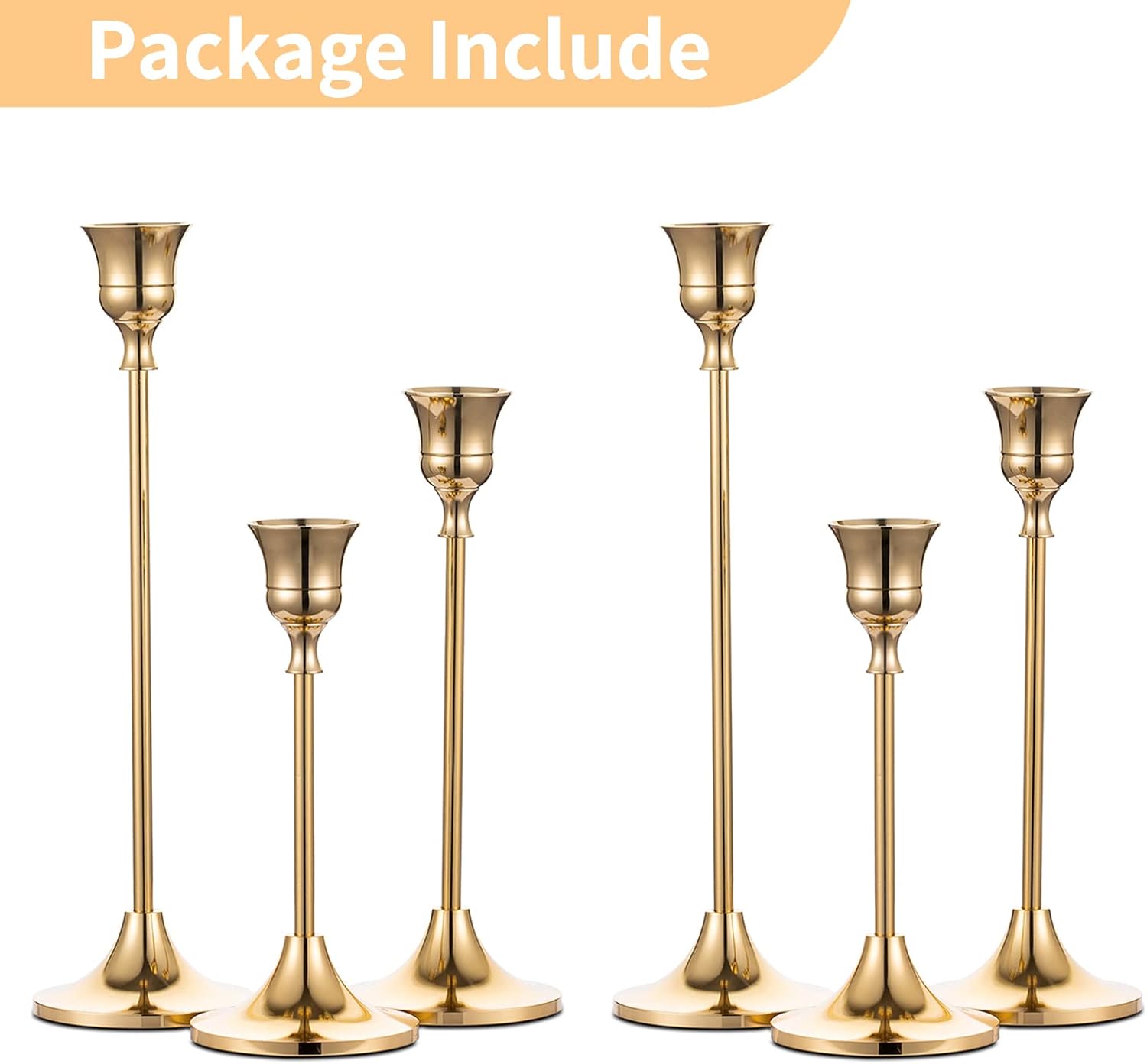 2 Sets(6 Pcs) Brass Gold Metal Taper Candle Holders Candlestick Holder