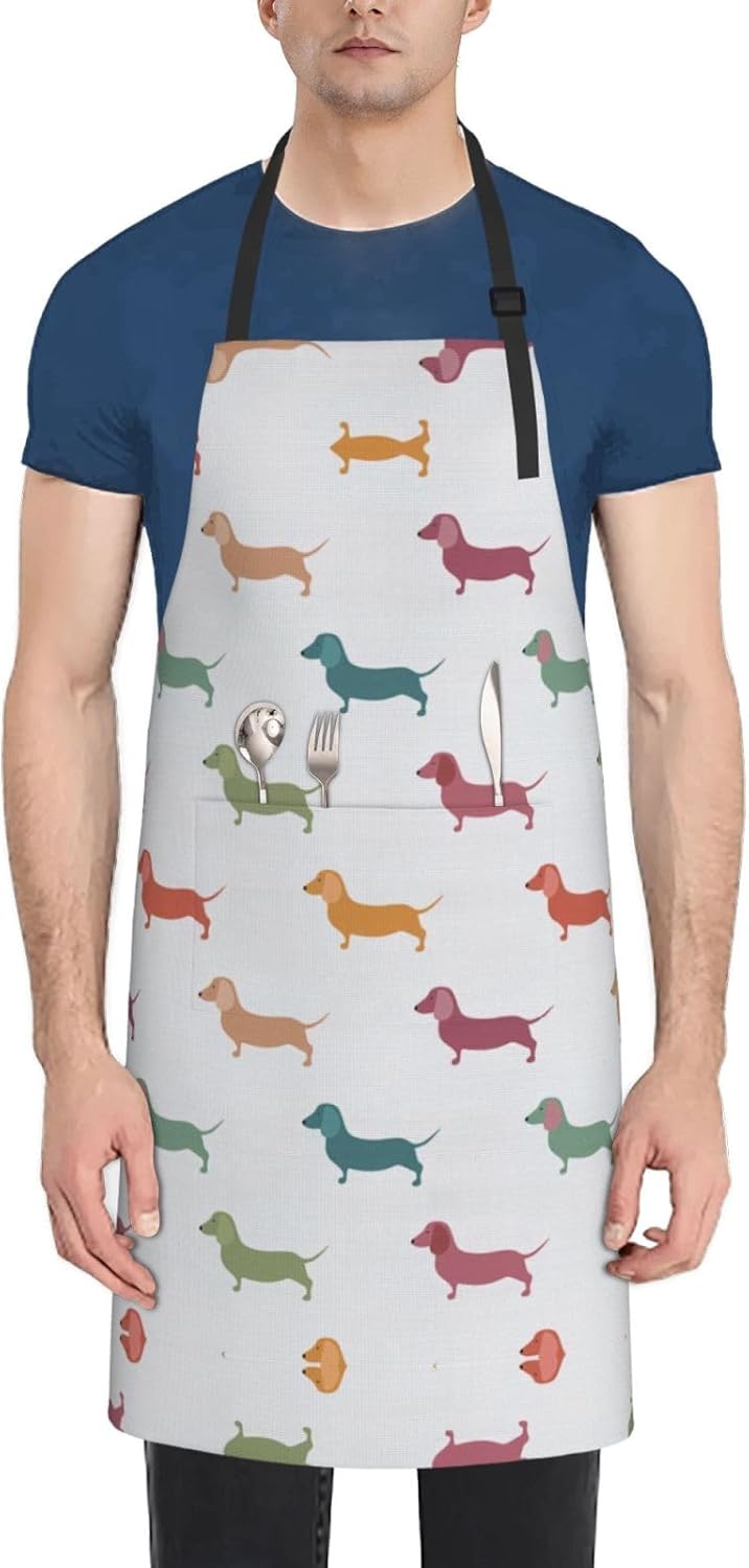 Cute Dachshound Dogs Print 28x33 In Adult Kitchen Apron with Pockets Versatile Chef Smock for Cooking Baking