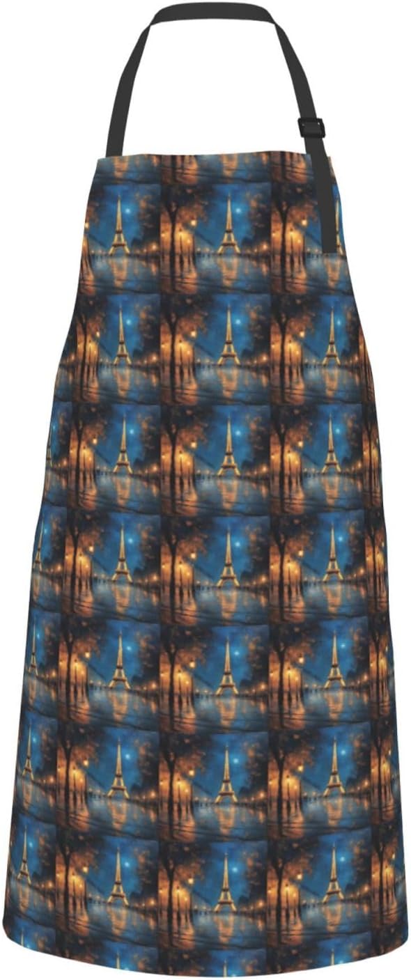 YANYU Night Paris Eiffel Tower Print 28x33 In Kitchen Apron Stylish Chef Apron with Pockets for Cooking Baking Painting