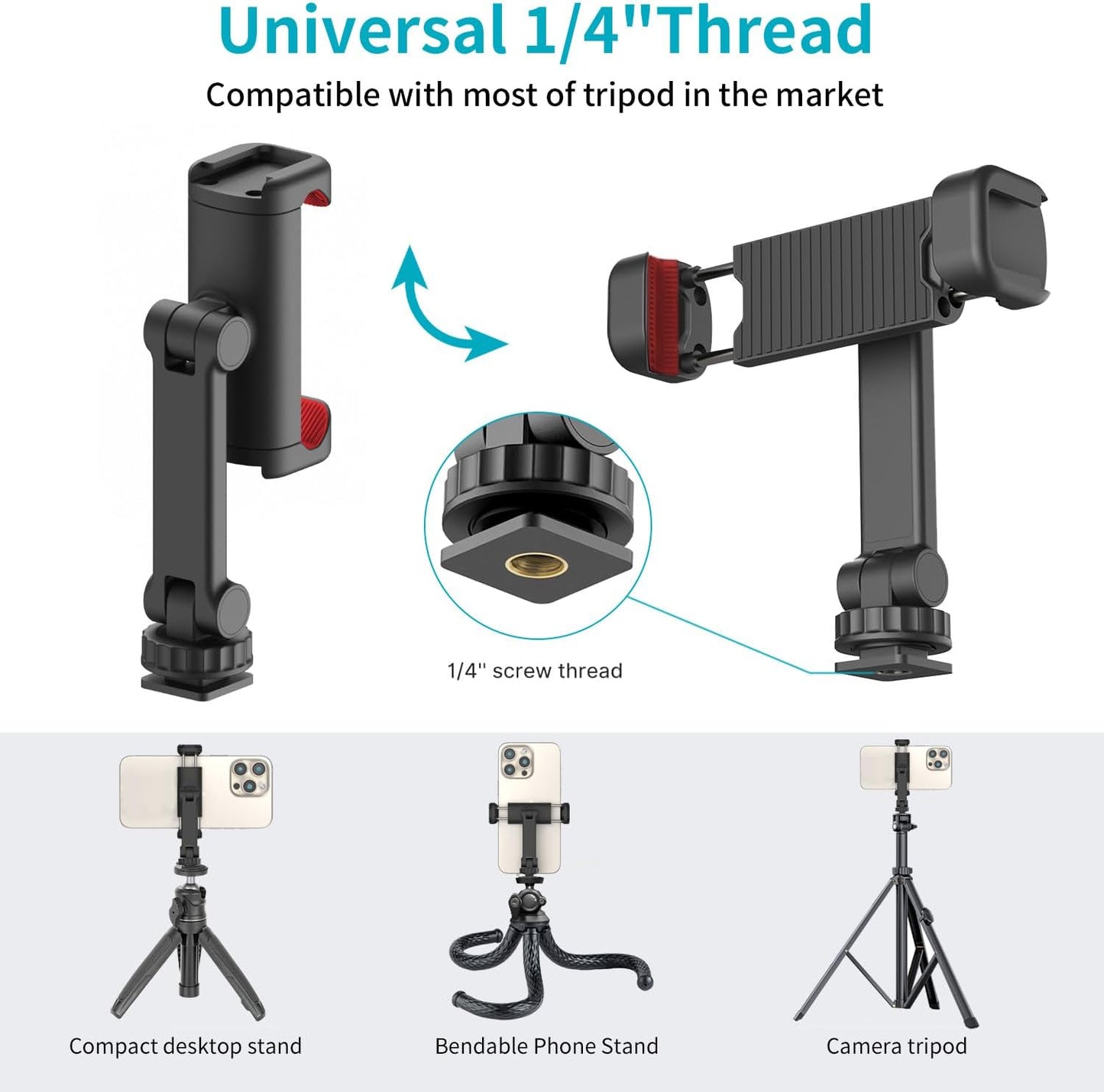 Phone Tripod Mount Holder for iPhone - 2 Cold Shoe and 1/4" Screw, 360