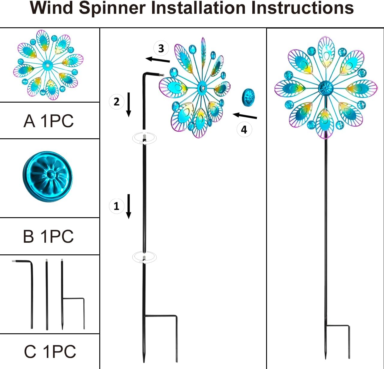 Metal Peacock Wind Spinner for Outdoor Garden Decor - 36 Inch Height Feather Wind Catcher with Stake, Lawn & Patio Art, Weather-Resistant Yar