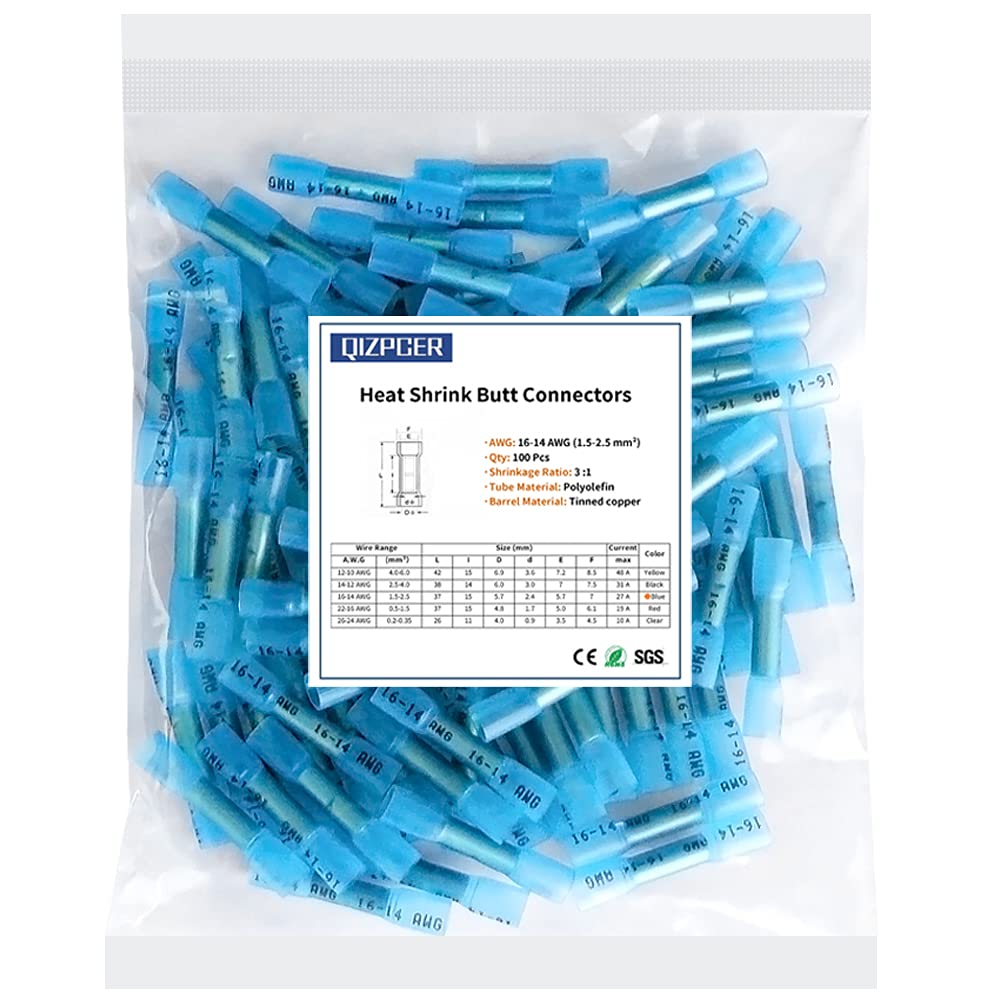 Heat Shrink Butt Connectors, 16-14 AWG 100Pcs Blue Waterproof Electric