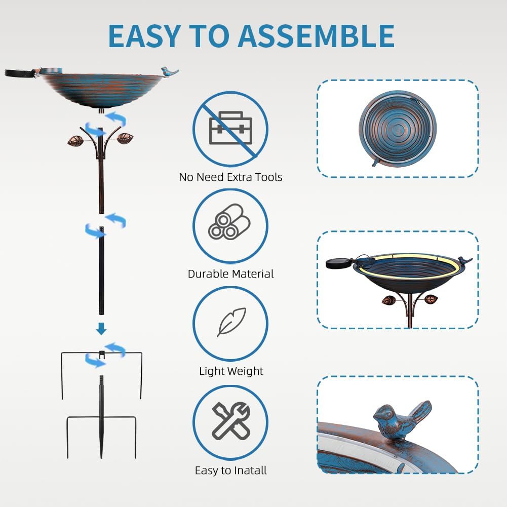 Metal Bird Bath with Stake, Large Standing Birdbath with Solar Light, 39" Tall Bird Bath & Feeder with 15" Bowl & Decorative Cast Iron Bird for Outside Garden Patio Yard Decor, Blue