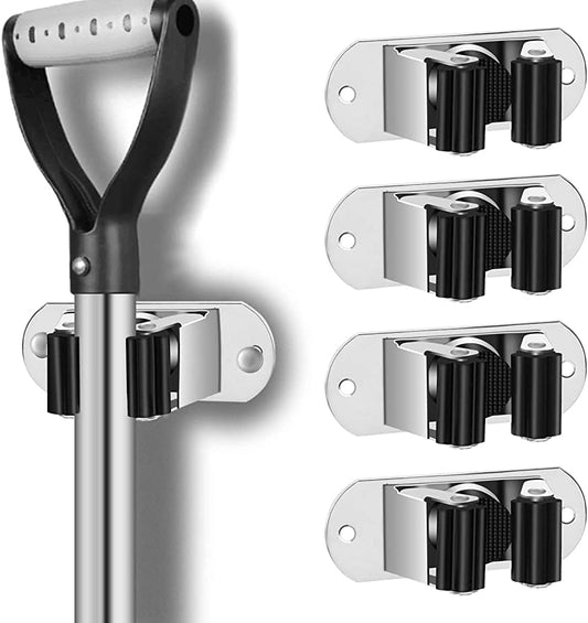 Mop and Broom Holder Wall Mount Heavy Duty Stainless Steel Wall Mounted Broom Organizer Laundry Room Home Garden Garage Storage and Organization Rack (Silver)