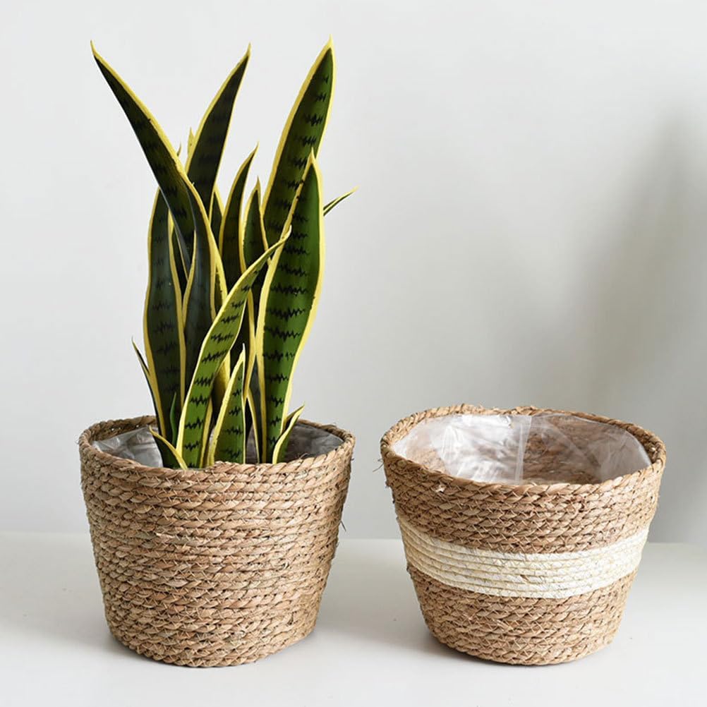 Hand Woven Planter Basket with Liner Rustic Straw Flower Pot for Indoor Outdoor Plants Balcony Living Room Decor 7.8X9.75X7.8 Inches