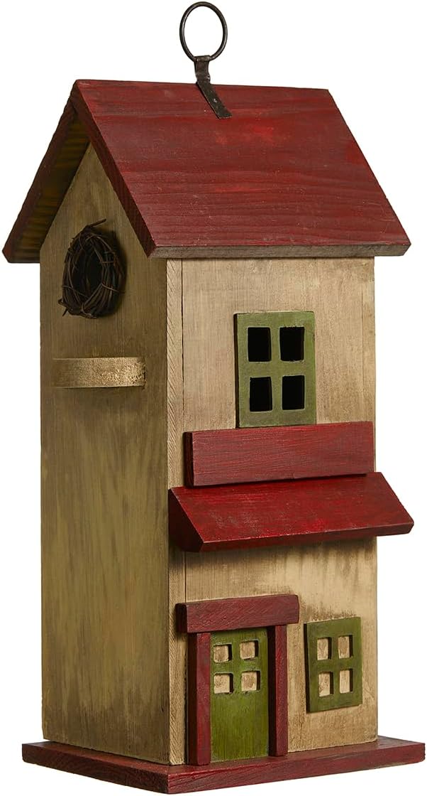 Glitzhome Bird Houses for Outdoor, Solid Wood Bluebird House for Outside, 14.25" H Rustic Distressed Hand Painted Decorative Birdhouse Nest Box Hanging Birdhouses for Patio Garden