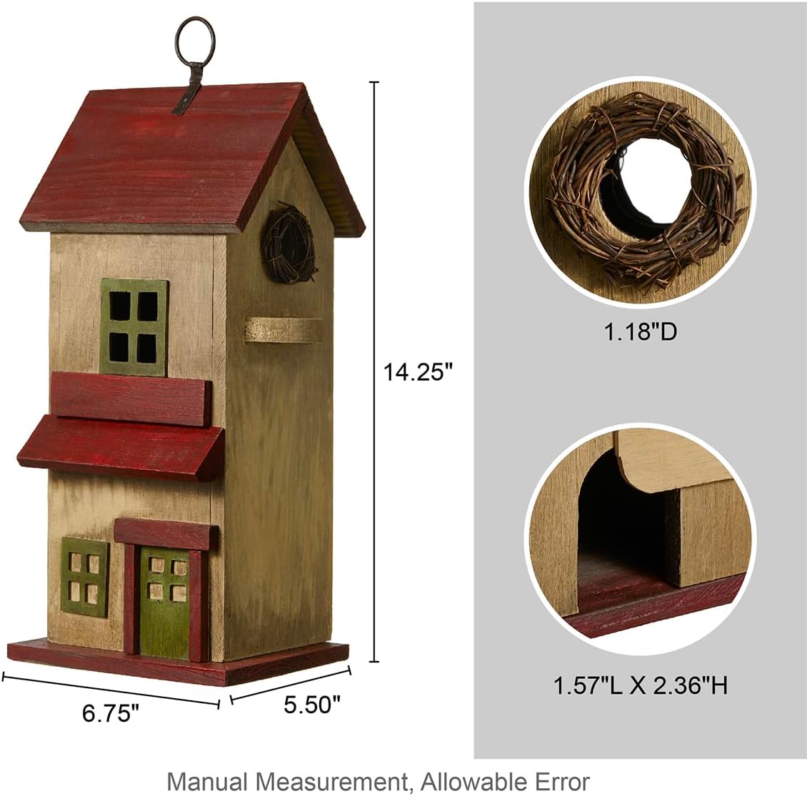 Glitzhome Birdhouses for Outdoors, Rustic 14.25" H Large Bird Houses for Outside, Distressed Painted Bird House Solid Wood Cottage Decorative Hanging Birdhouse for Outdoor Patio Garden,Washed Yellow