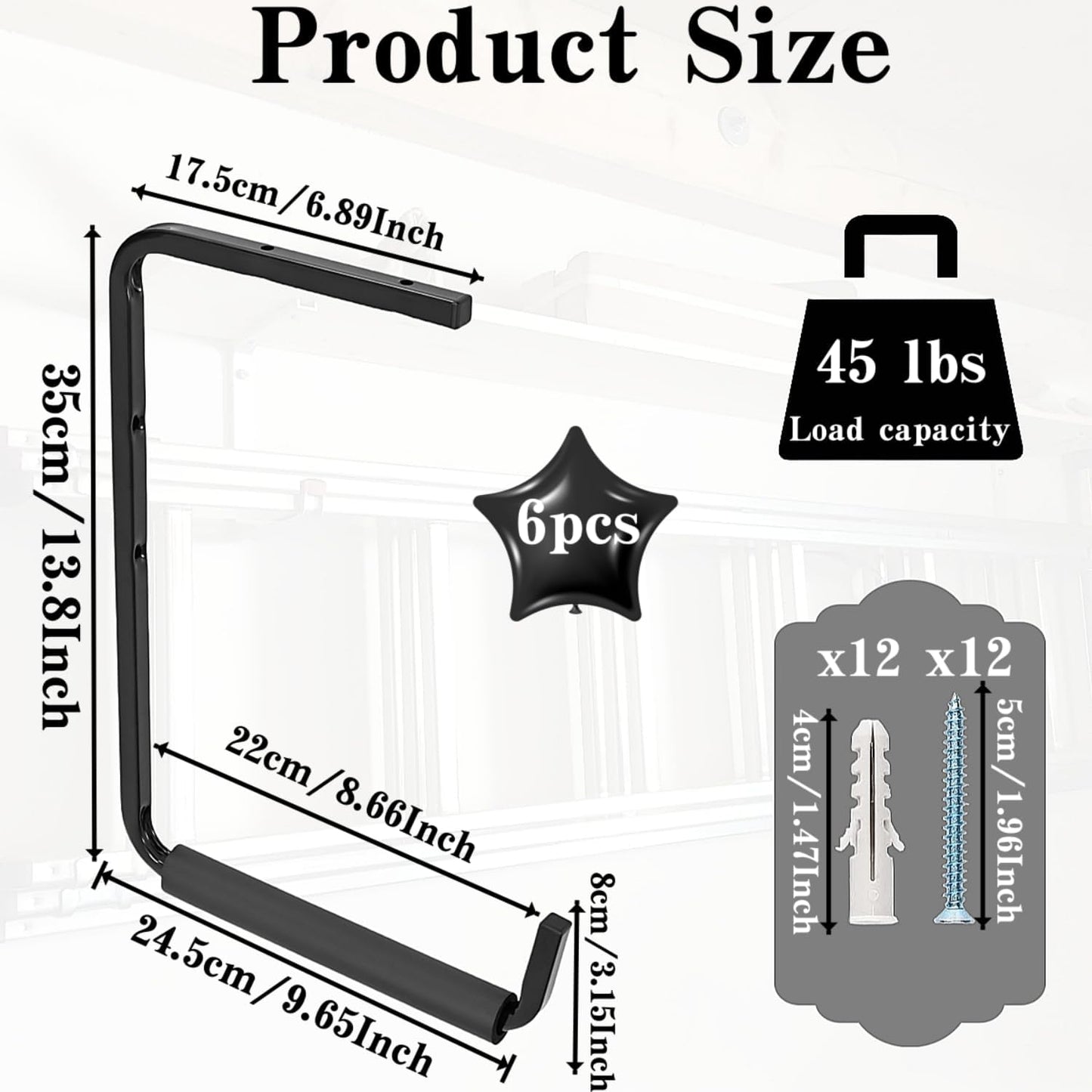 6 Pack Wall Mounted Overhead Garage Storage Hooks, 13.8 Inch Utility Ceiling Storage Rack, Heavy Duty Hangers & Organizer for Ladder, Wood, Tools, Garden Hose and Bike