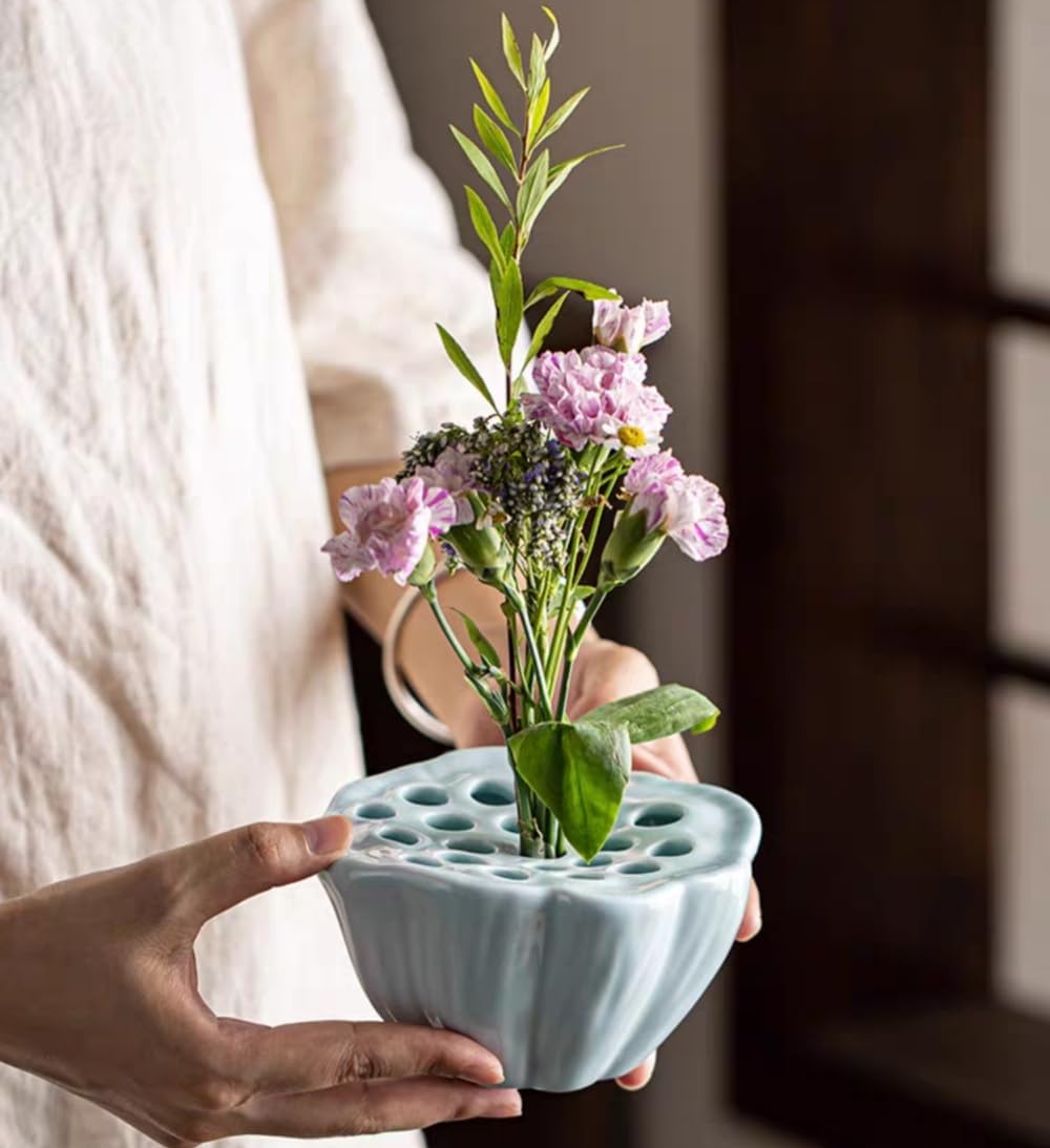 Lotus Shaped Flower Arrangement Vase Ceramic Flower Pot (Light Cyan)