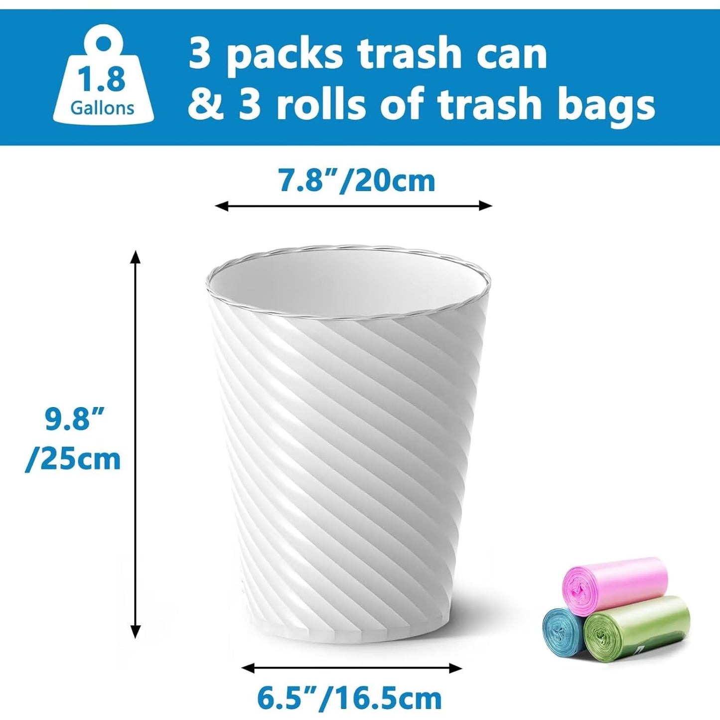 Bathroom Trash Can, 3 Pack 1.8 Gallons Small Trash Can with Trash Bags