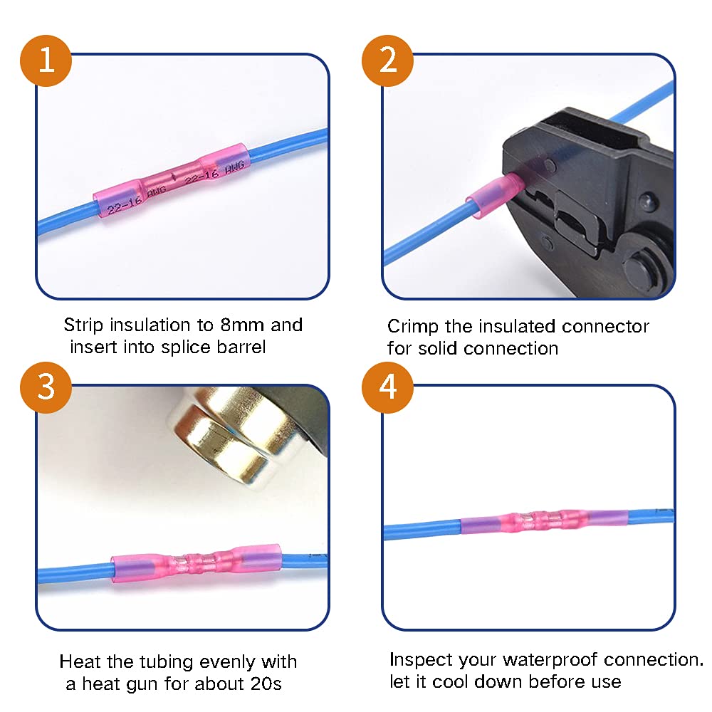 Heat Shrink Butt Connectors, 16-14 AWG 100Pcs Blue Waterproof Electric