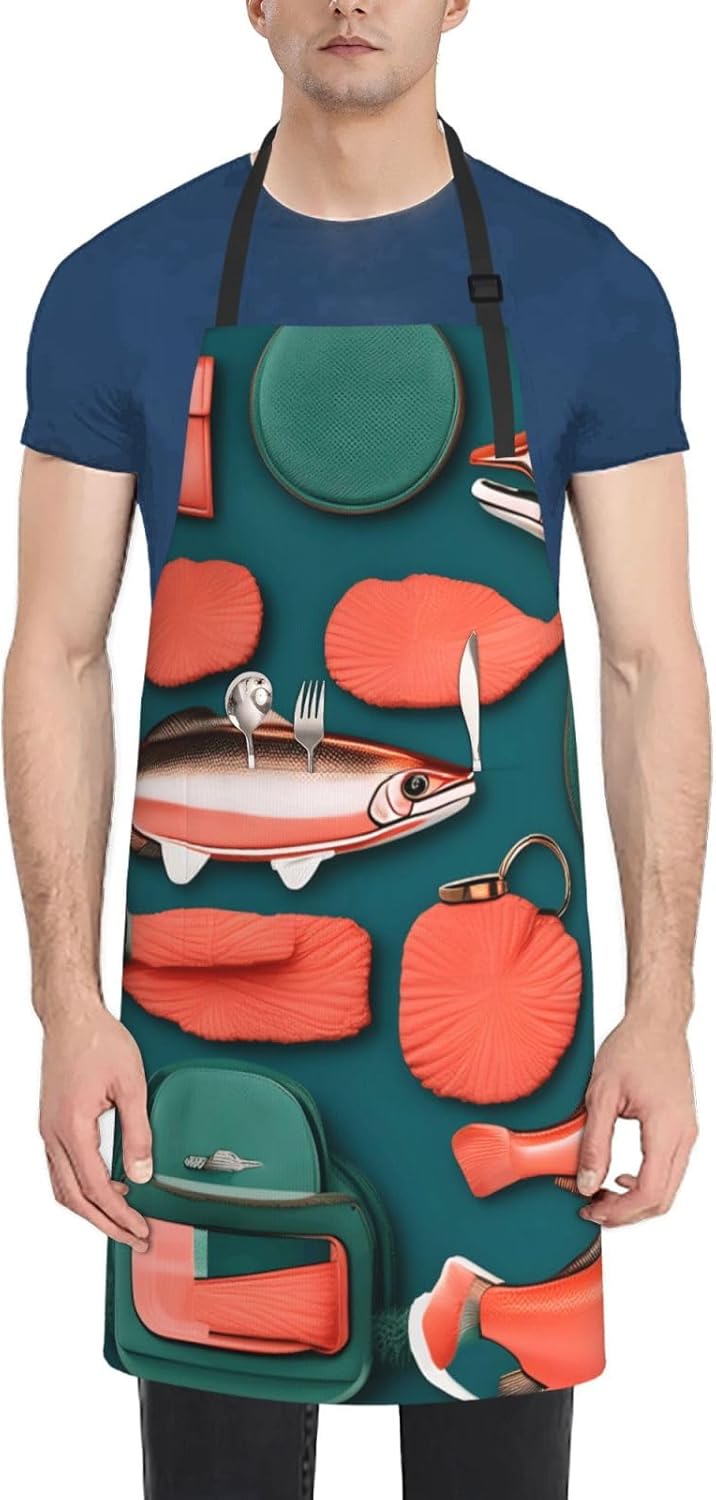 YANYU Salmon pattern Print 28x33 In Kitchen Apron Stylish Chef Apron with Pockets for Cooking Baking Painting