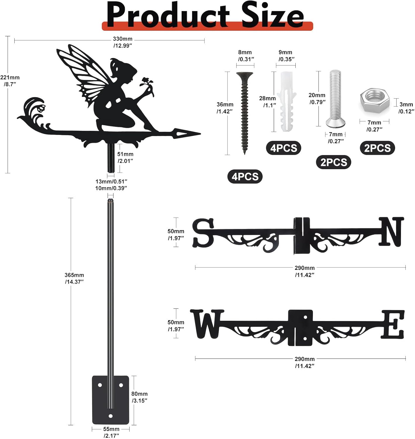 Fairy and Flower Weather Vane, Black Metal Weathervane Roof Mount, Win