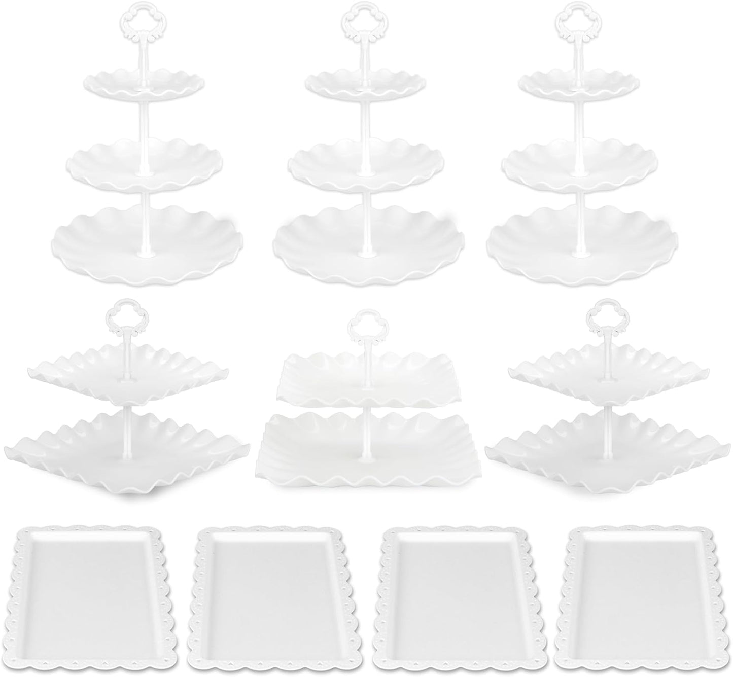 Pack of 10 NWK Cake Stand Set, with 3 x Two-Tier and 3 x Three-Tier Cupcake Stands, 4 x Appetizer Trays, 1 x Tablecloth for Birthday Bridal Baby Shower Party (White)