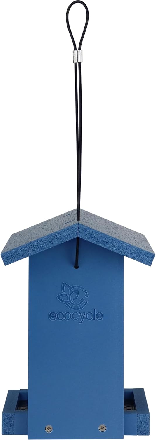 Tasty Tidbit Recycled Plastic Bird Feeder with Fresh Seed Tray for Wild Birds and Outdoor Décor, 0.875 Quart Capacity, Blue