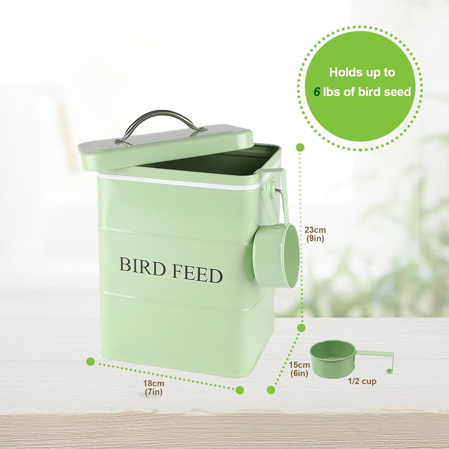 Bird Seed Storage Container Airtight,5~6LB Metal Bird Food Container with Scoop,Wild Bird Seed Tin for Storing Sunflower Seed-Ideal for Outdoor or Indoor-Squirrel proof -Green