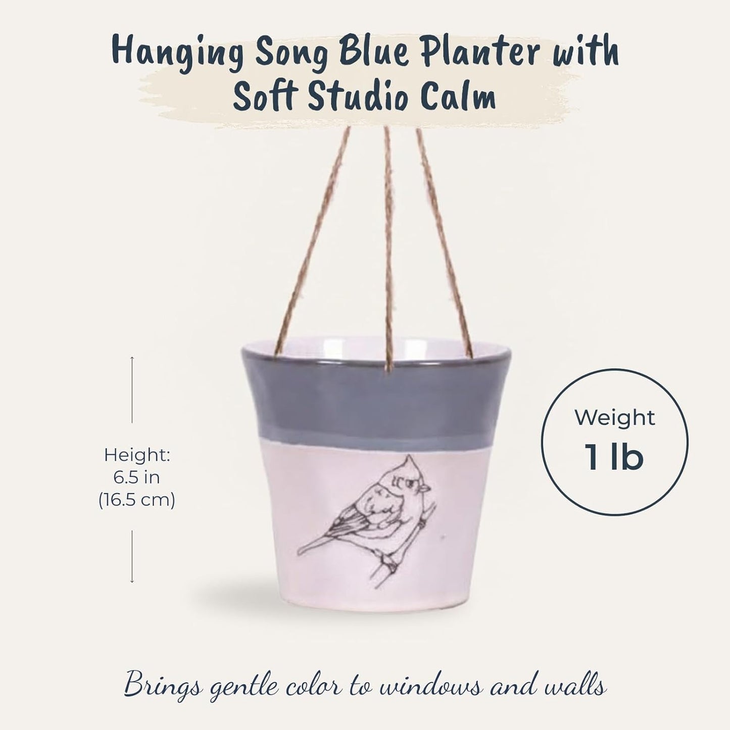 Blue Sky Clayworks 6.5” Hanging Song Blue Planter, Ceramic, 7" x 6" x 6", Sky Band & Perched Bird