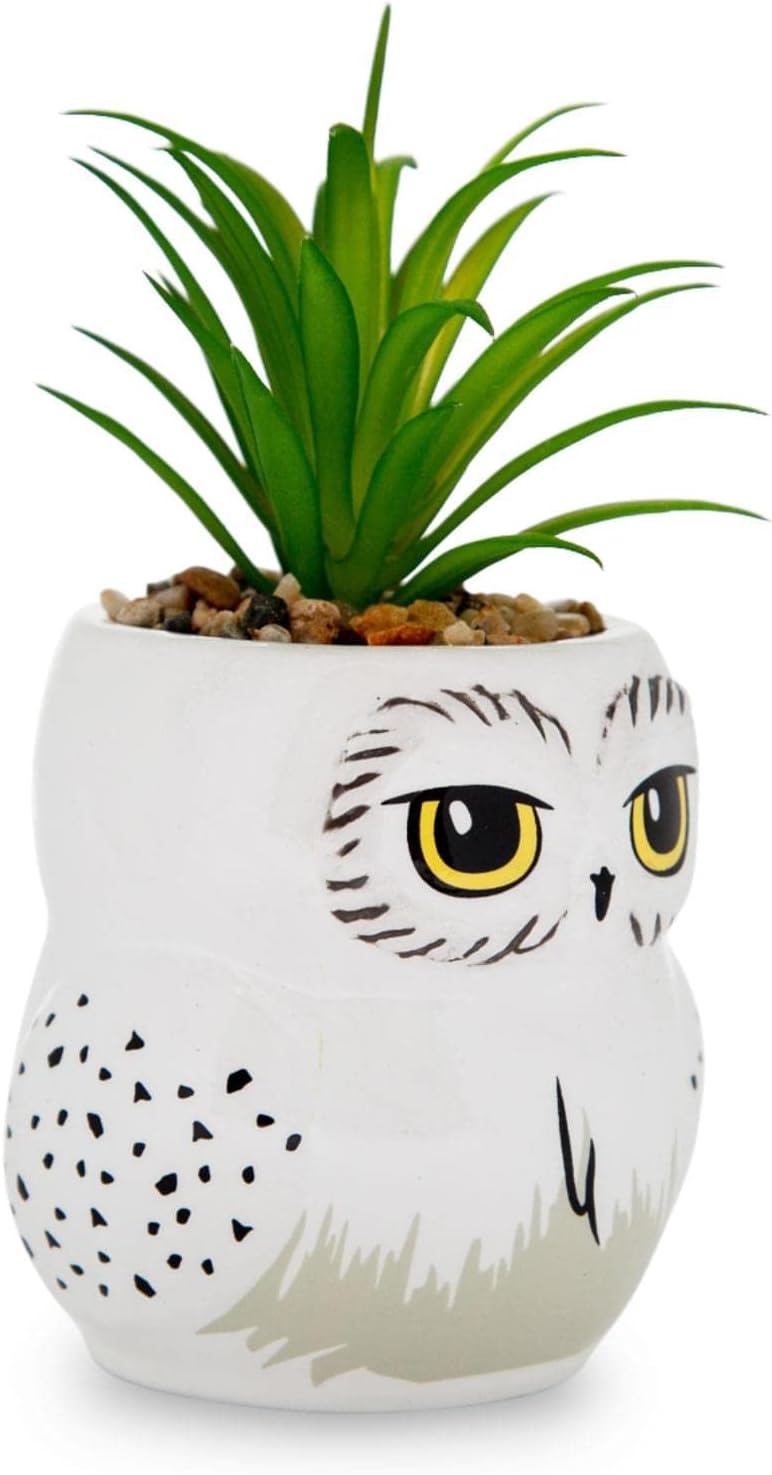 Harry Potter Hedwig 3-Inch Ceramic Mini Planter with Artificial Succulent | Small Flower Pot, Faux Indoor Plants for Desk Shelf, Home Decor Trinket Tray | Wizarding World Gifts and Collectibles