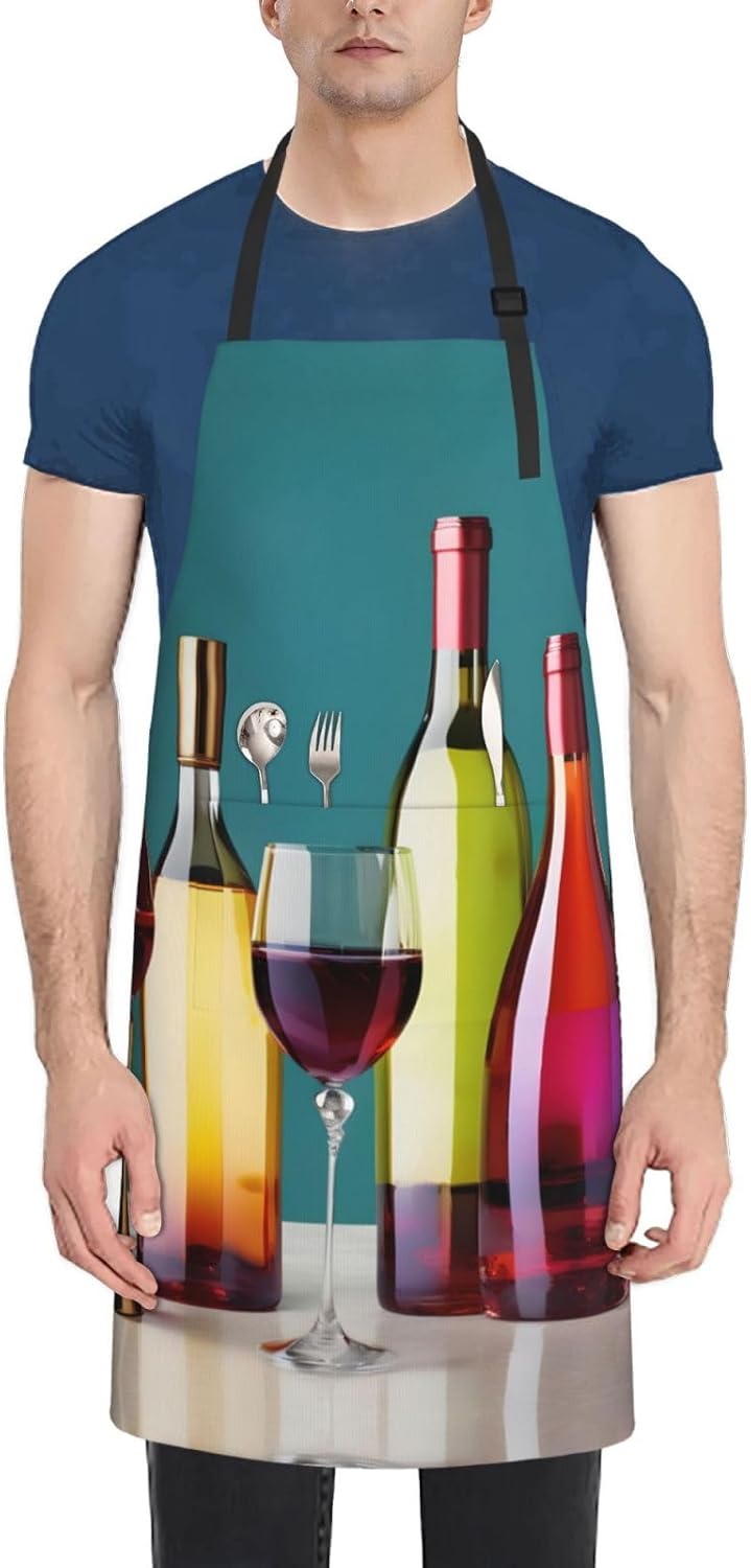 Cocktail Glasses and Wine Bottless Print Laundry apron 28x33 In Waterproof Kitchen Apron with Pockets for Cooking Baking